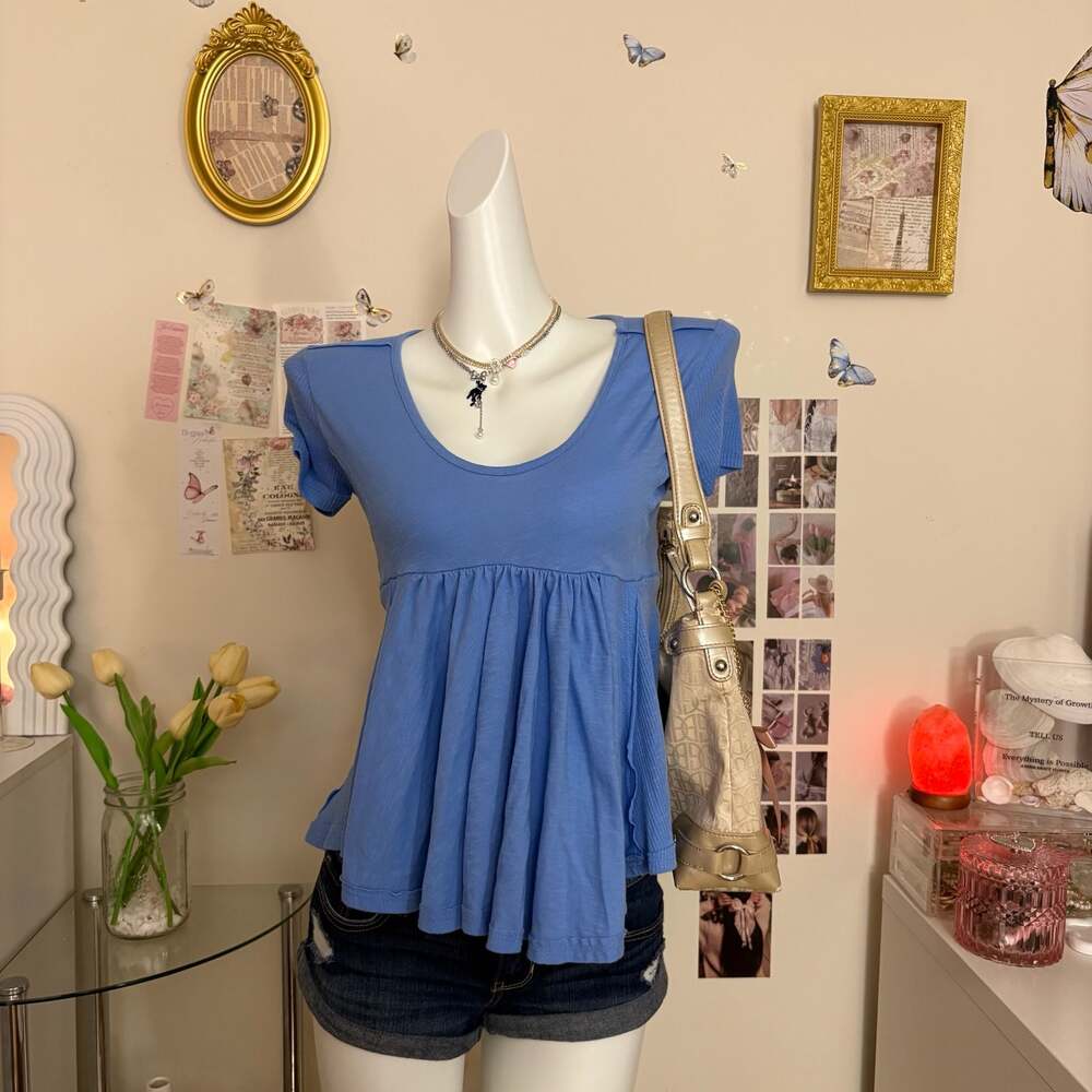 Altar'd State Blue Babydoll Peplum Top Women Size XXS Short Sleeve Scoop Neck Em
